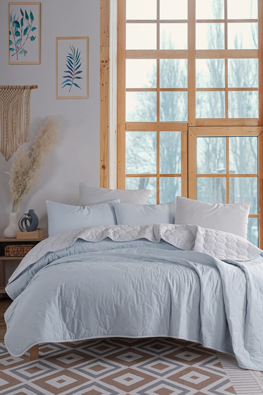 Set cuvertura de pat dubla 3 piese, L'essentiel Maison, Solid, Albastru deschis / Gri - imagine 6